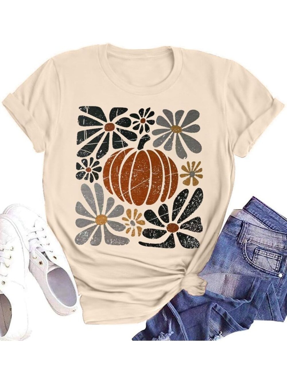 🆕 Women's Beige Retro Floral Pumpkin Halloween Graphic Tee Short Sleeve Shirt